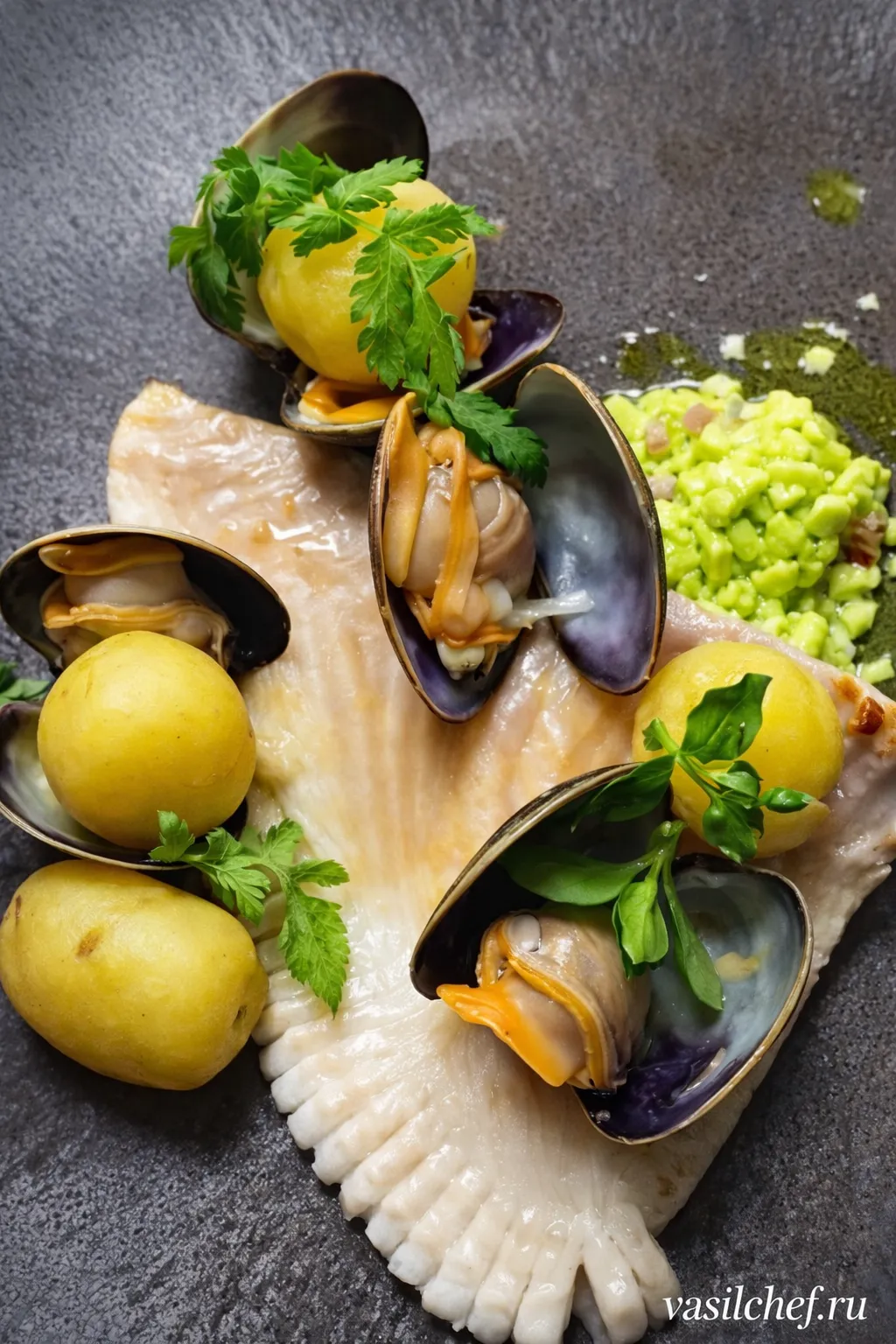 Fish with mussels, potatoes and fresh herbs